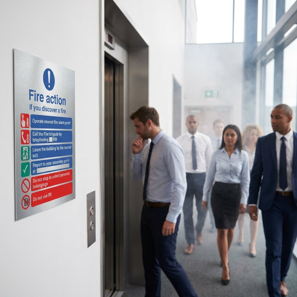 Fire Action Notice – 150mm x 200mm – Brushed Aluminium – Indoor Safety
