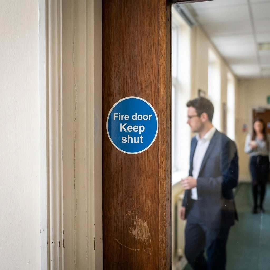 Fire Door Keep Shut Window Sticker – 100mm x 100mm – Self-Adhesive – Indoor Use