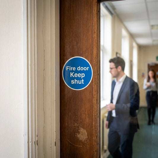 Fire Door Keep Shut Window Sticker – 100mm x 100mm – Self-Adhesive – Indoor Use