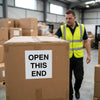 Open This End Labels – 75mm x 100mm – Self Adhesive Vinyl – Indoor Use