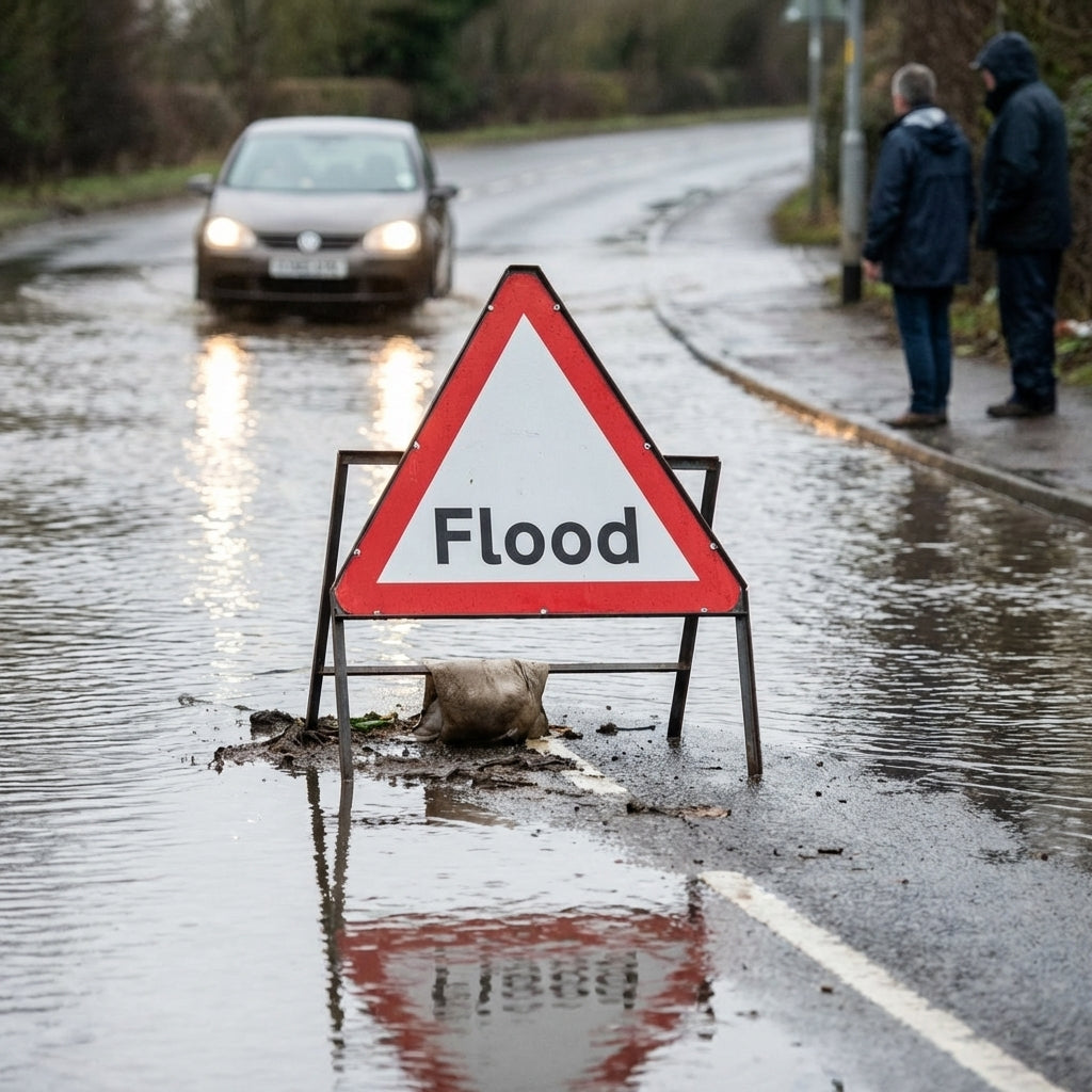 Flood Warning Reflective Temporary Road Traffic Sign – Class RA1 – Zintec Material – Industrial Use