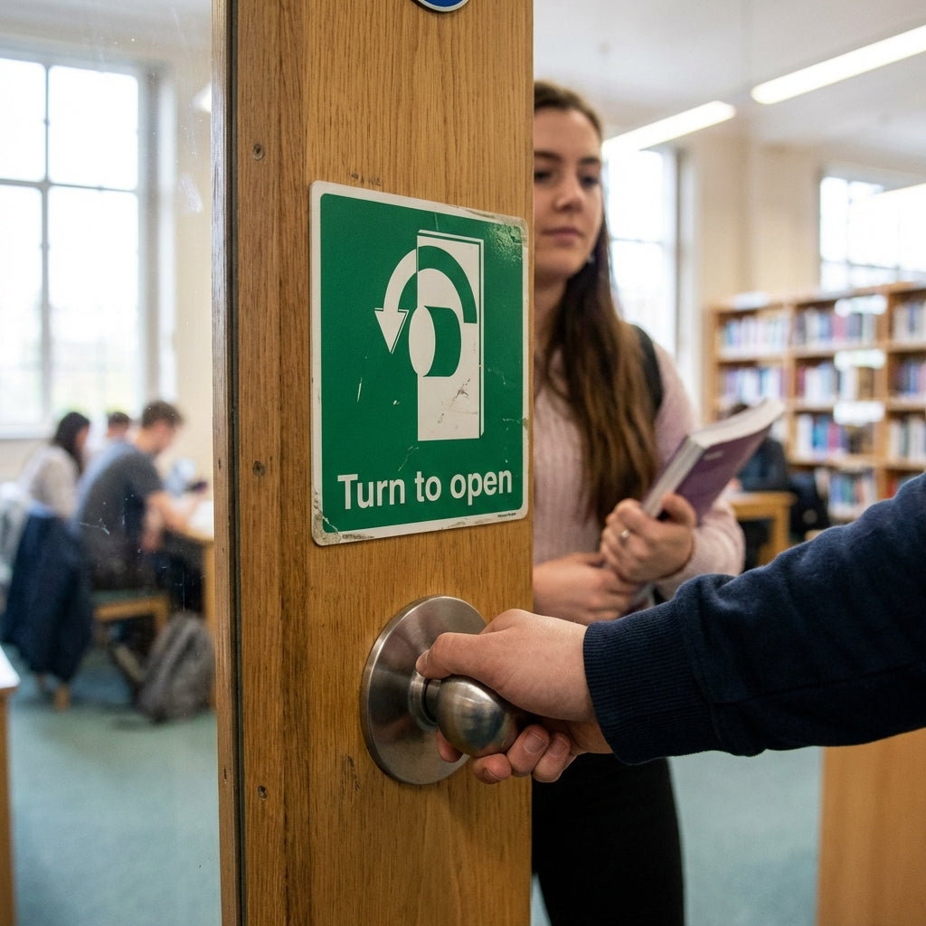 Safety Directional Sign – Turn Left to Open – Indoor/Outdoor Use