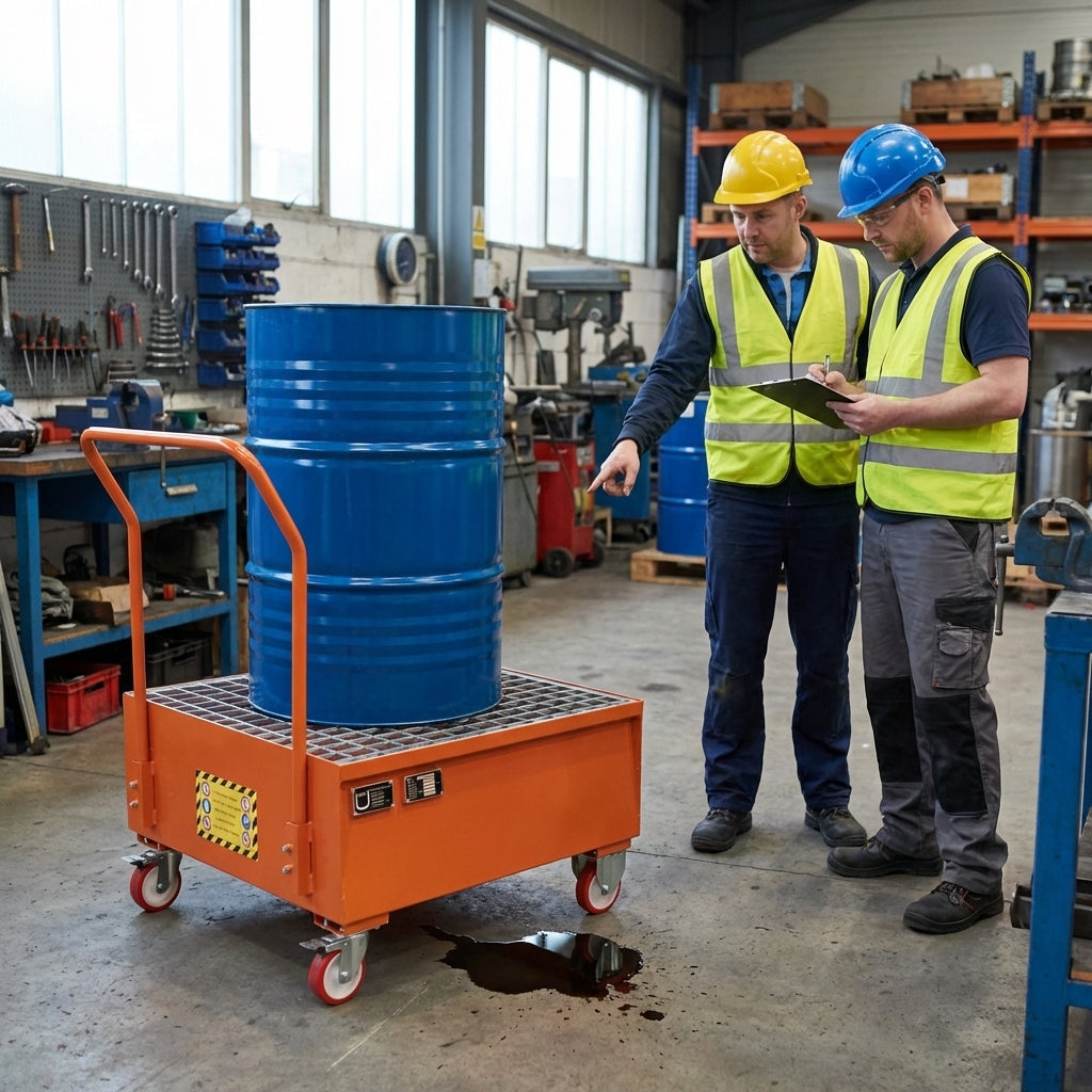 Heavy Duty Bunded Drum Trolley – 860mm x 860mm x 1170mm – Carbon Steel – Industrial Use