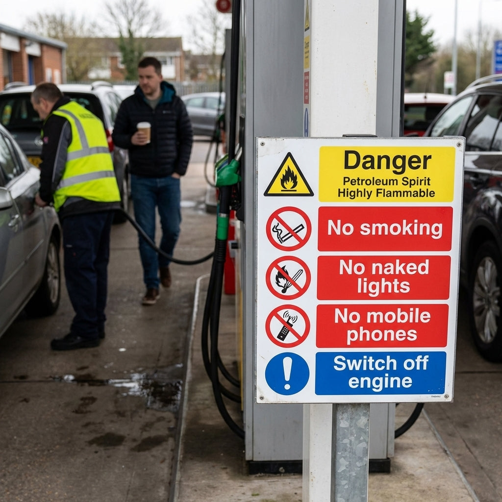 Danger Petroleum Spirit Highly Flammable - No Smoking/Switch Off Engine Etc Signs