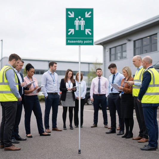Mobile Assembly Point Sign – 2.4m Pole – Collapsible & Durable – Emergency Use