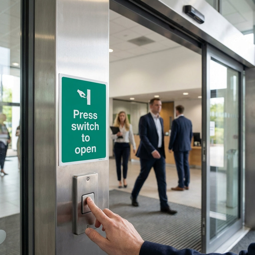 Press Switch To Open Sign – 75mm x 100mm – Self Adhesive Vinyl – Indoor Use