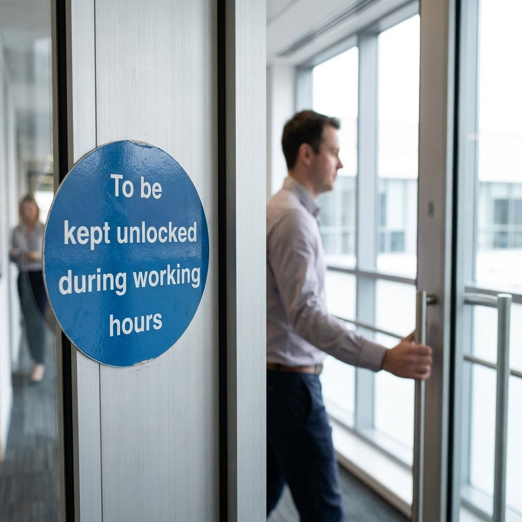To Be Kept Unlocked During Working Hours Safety Sign – 1mm Rigid Plastic – Indoor/Outdoor Use