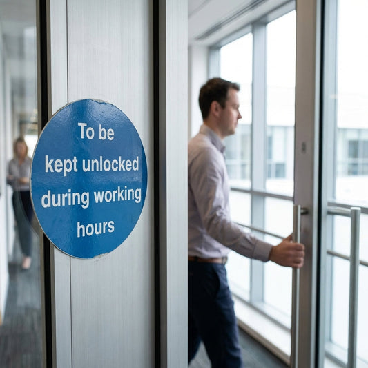 To Be Kept Unlocked During Working Hours Safety Sign – 1mm Rigid Plastic – Indoor/Outdoor Use